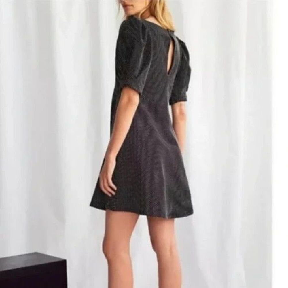 Free People Mini Dress XS Black Micro Dot Puff Sleeve Soft Goth Moody Romantic